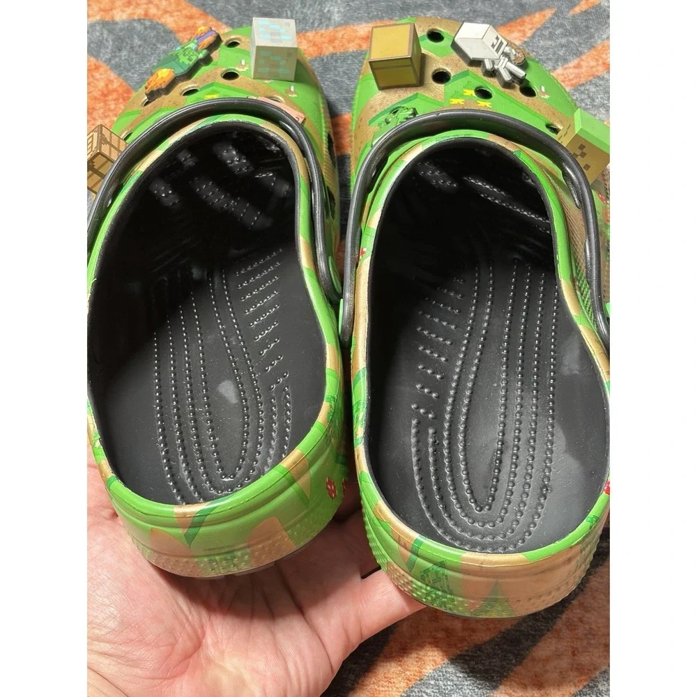 Crocs Minecraft Camo Green Brown Black Clog Sandals Men's 11 With Charms